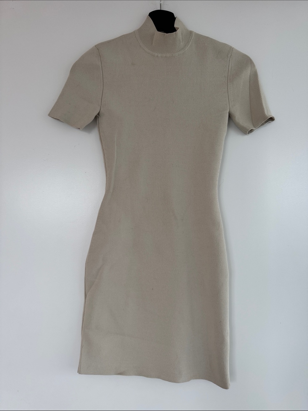 Mock Neck Aritzia Babaton Banner Sculpt Knit Short Sleeve Mini Dress in Beige